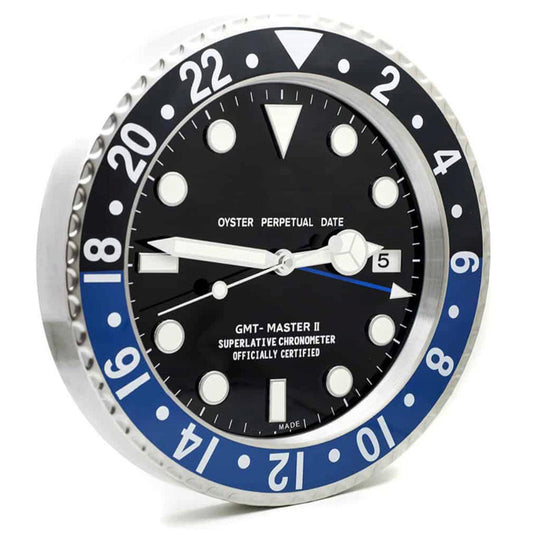 Swiss Dual Time Pilot Style Wall Clock - black & blue